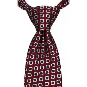 Roundtree & Yorke Burgundy Red Silk Tie Geometric Square Pattern Hand Sewn USA